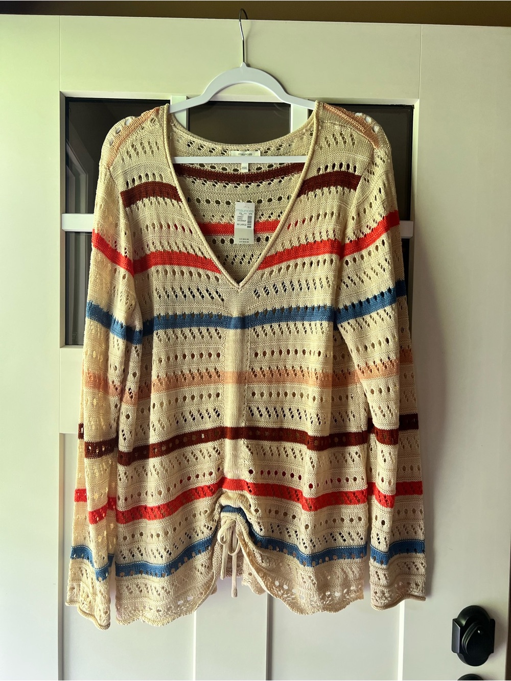 V-Neck Open Knit Striped Women's Sweater - Cream with Red, Blue & Brown Stripes